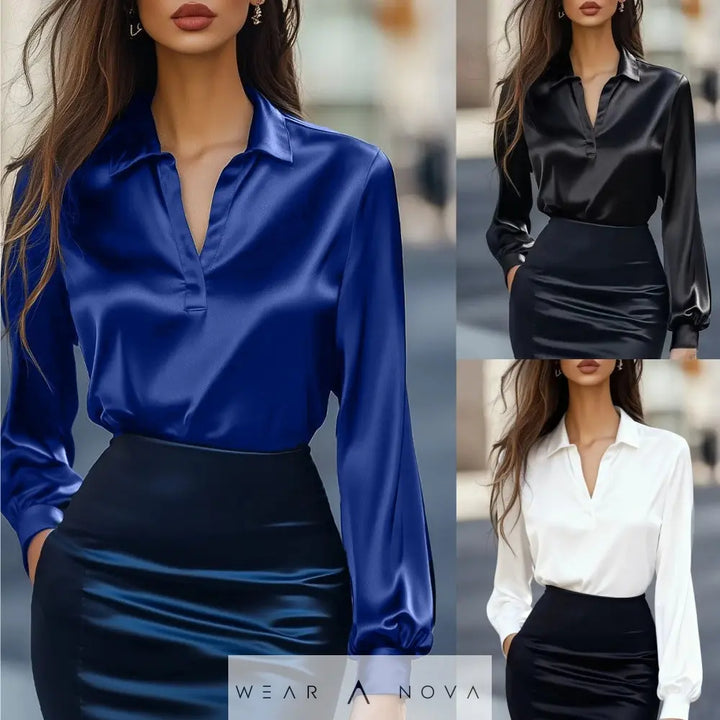Spring Autumn Fashion Commuting Satin V-neck Long-sleeved Shirt Casual Loose Blouse Office Women Shirts Solid Color Elegant Lady Solid Simple Tops  4-in-1 Adjustable Measuring Cup NewEraWear