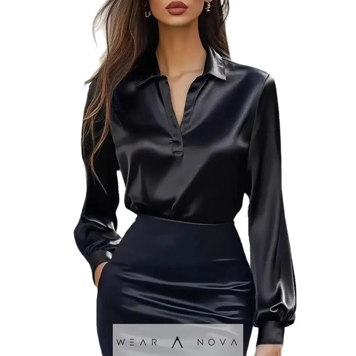 Spring Autumn Fashion Commuting Satin V-neck Long-sleeved Shirt Casual Loose Blouse Office Women Shirts Solid Color Elegant Lady Solid Simple Tops  4-in-1 Adjustable Measuring Cup NewEraWear