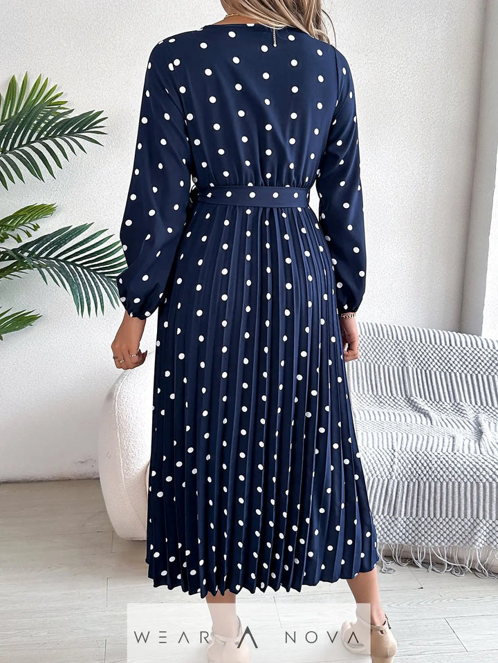 Spring Summer Elegant Long Dress Cross V-Neck Contrast Polka Dot Long Sleeve Pleated Bridesmaid Dresses  Dress 