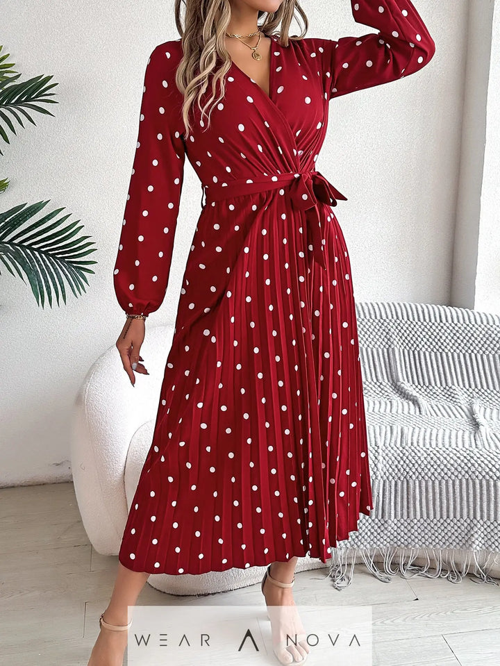Spring Summer Elegant Long Dress Cross V-Neck Contrast Polka Dot Long Sleeve Pleated Bridesmaid Dresses  Dress 