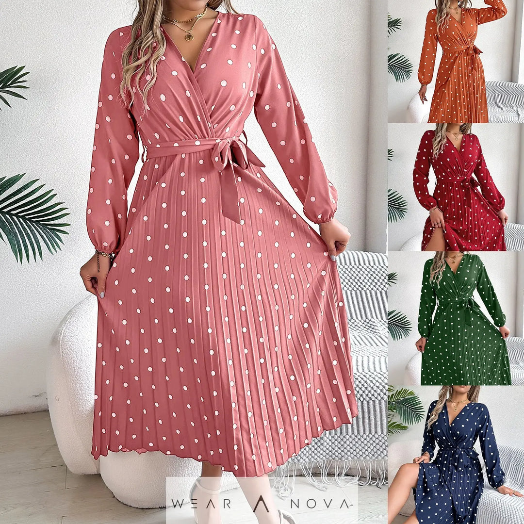 Spring Summer Elegant Long Dress Cross V-Neck Contrast Polka Dot Long Sleeve Pleated Bridesmaid Dresses  Dress 