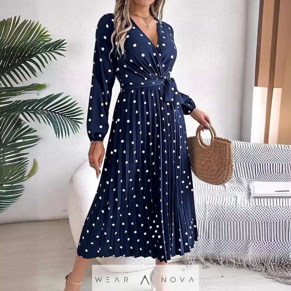 Spring Summer Elegant Long Dress Cross V-Neck Contrast Polka Dot Long Sleeve Pleated Bridesmaid Dresses  Dress 