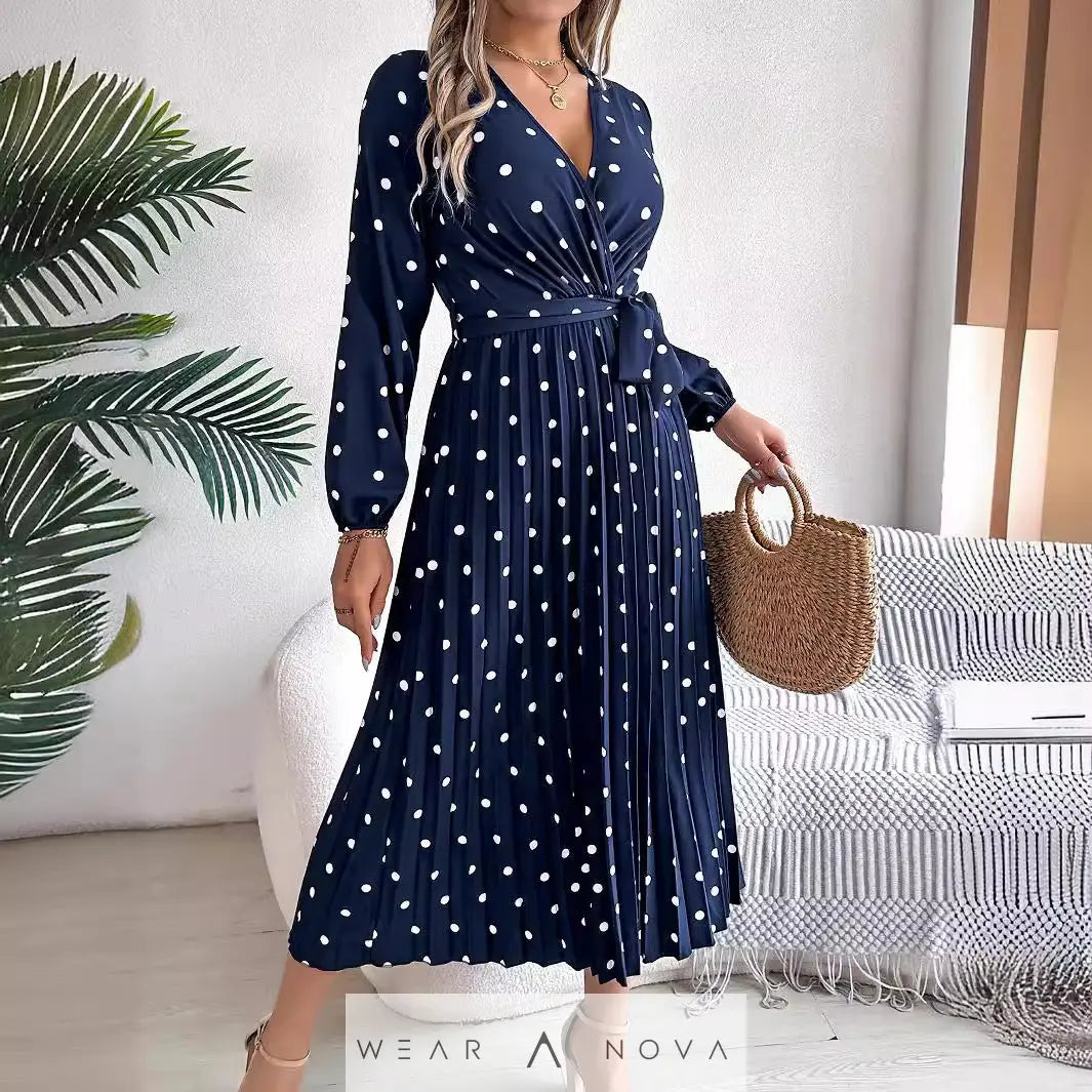 Spring Summer Elegant Long Dress Cross V-Neck Contrast Polka Dot Long Sleeve Pleated Bridesmaid Dresses  Dress 