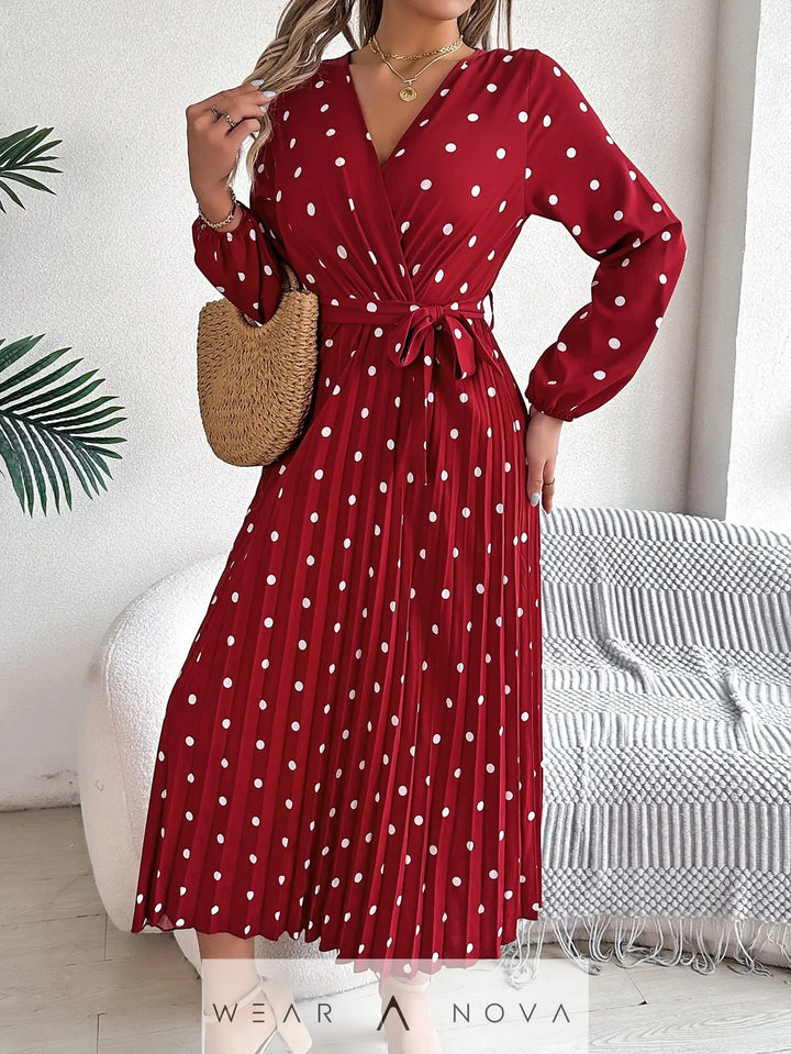 Spring Summer Elegant Long Dress Cross V-Neck Contrast Polka Dot Long Sleeve Pleated Bridesmaid Dresses - WearaNova