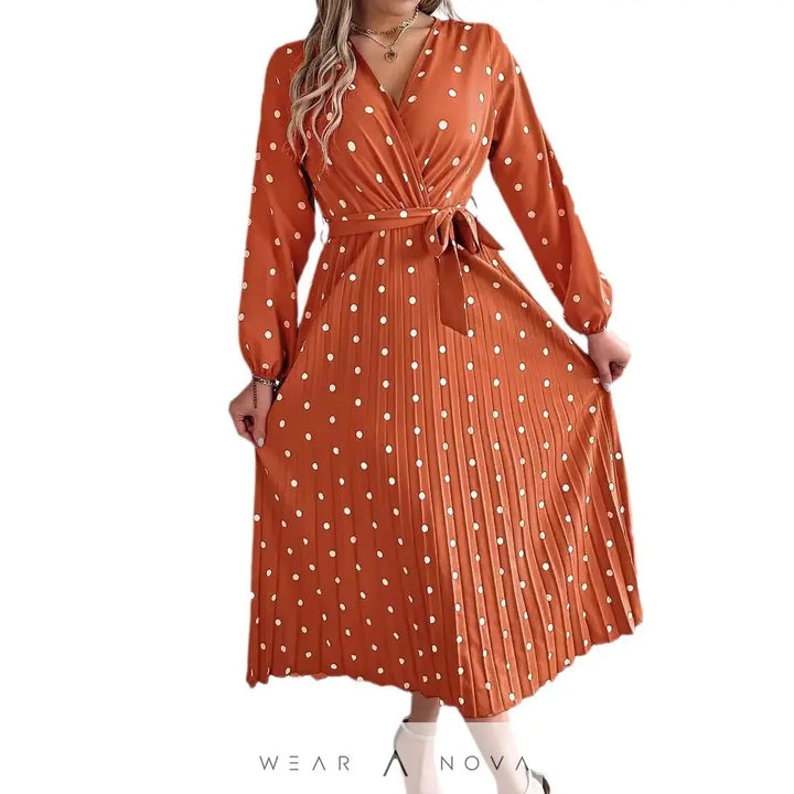 Spring Summer Elegant Long Dress Cross V-Neck Contrast Polka Dot Long Sleeve Pleated Bridesmaid Dresses - WearaNova