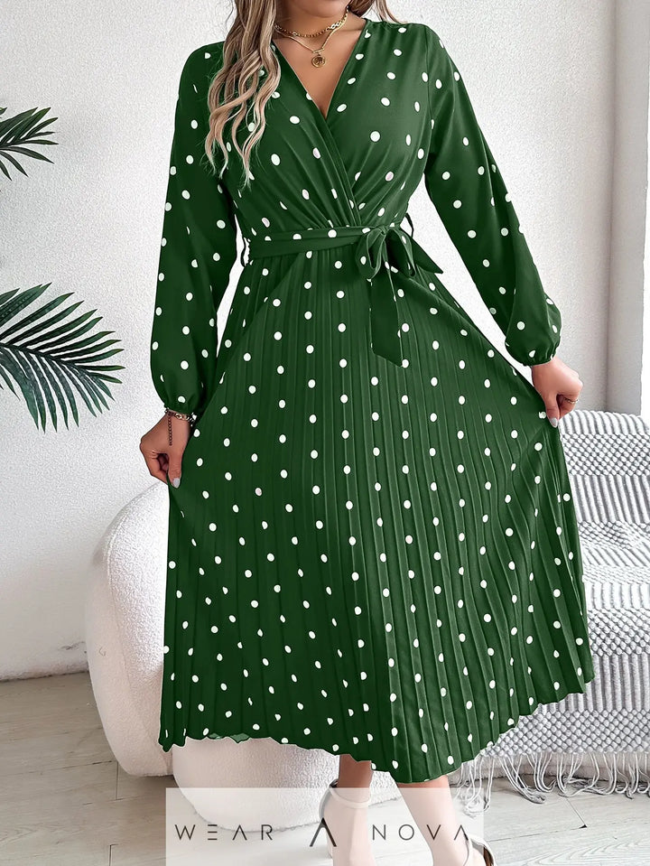 Spring Summer Elegant Long Dress Cross V-Neck Contrast Polka Dot Long Sleeve Pleated Bridesmaid Dresses - WearaNova