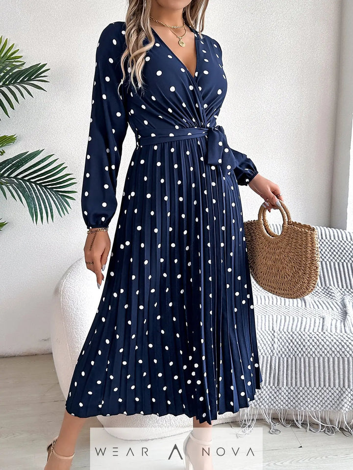 Spring Summer Elegant Long Dress Cross V-Neck Contrast Polka Dot Long Sleeve Pleated Bridesmaid Dresses - WearaNova