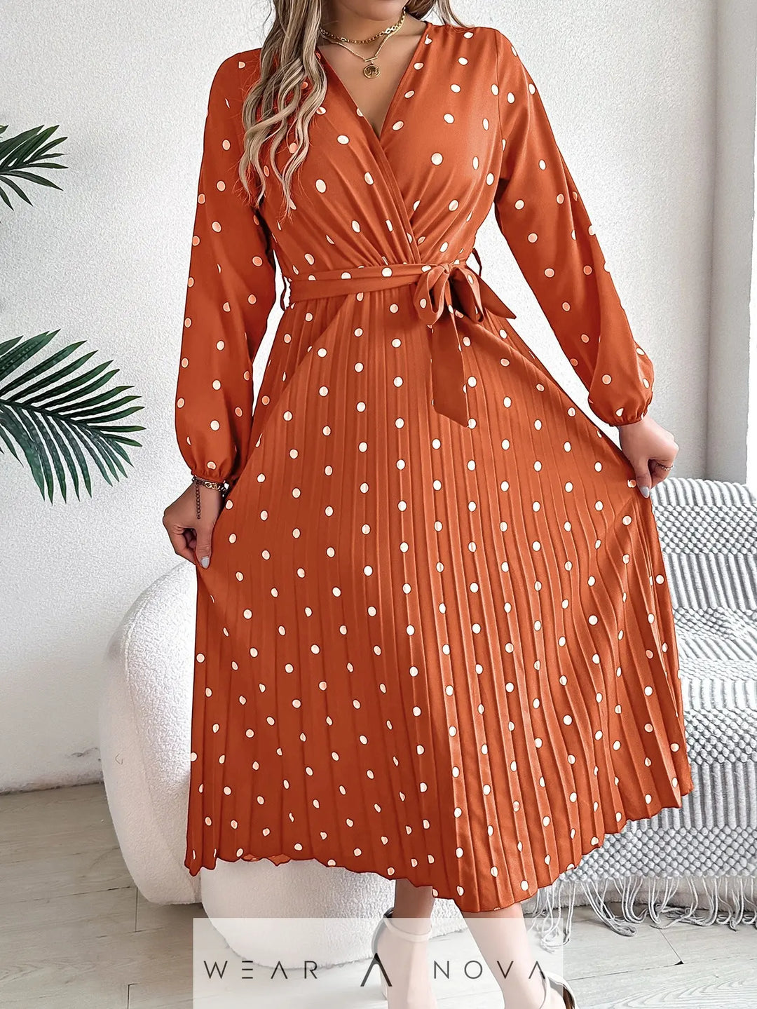 Spring Summer Elegant Long Dress Cross V-Neck Contrast Polka Dot Long Sleeve Pleated Bridesmaid Dresses - WearaNova