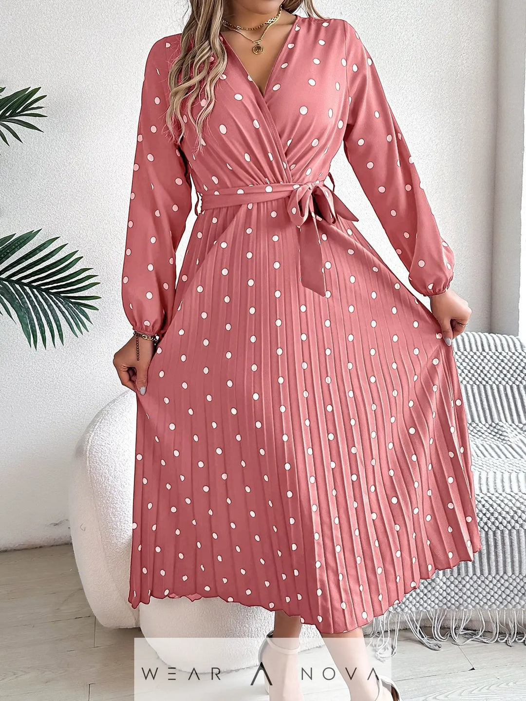 Spring Summer Elegant Long Dress Cross V-Neck Contrast Polka Dot Long Sleeve Pleated Bridesmaid Dresses  Dress 