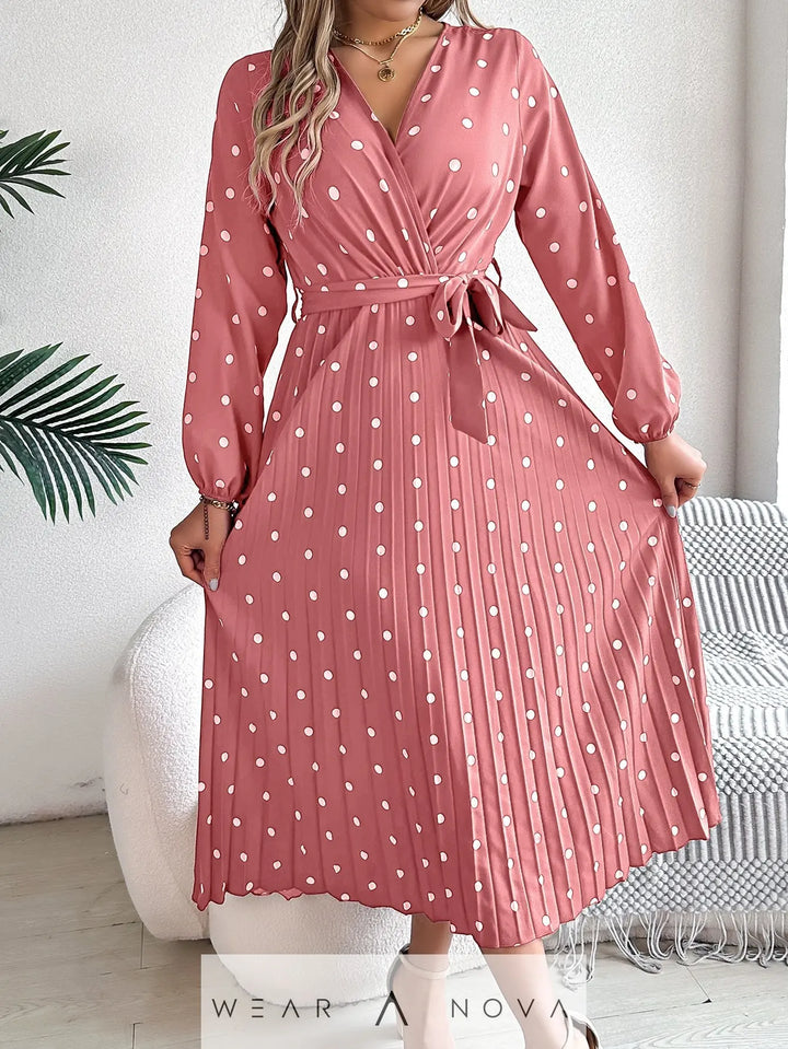 Spring Summer Elegant Long Dress Cross V-Neck Contrast Polka Dot Long Sleeve Pleated Bridesmaid Dresses  Dress 