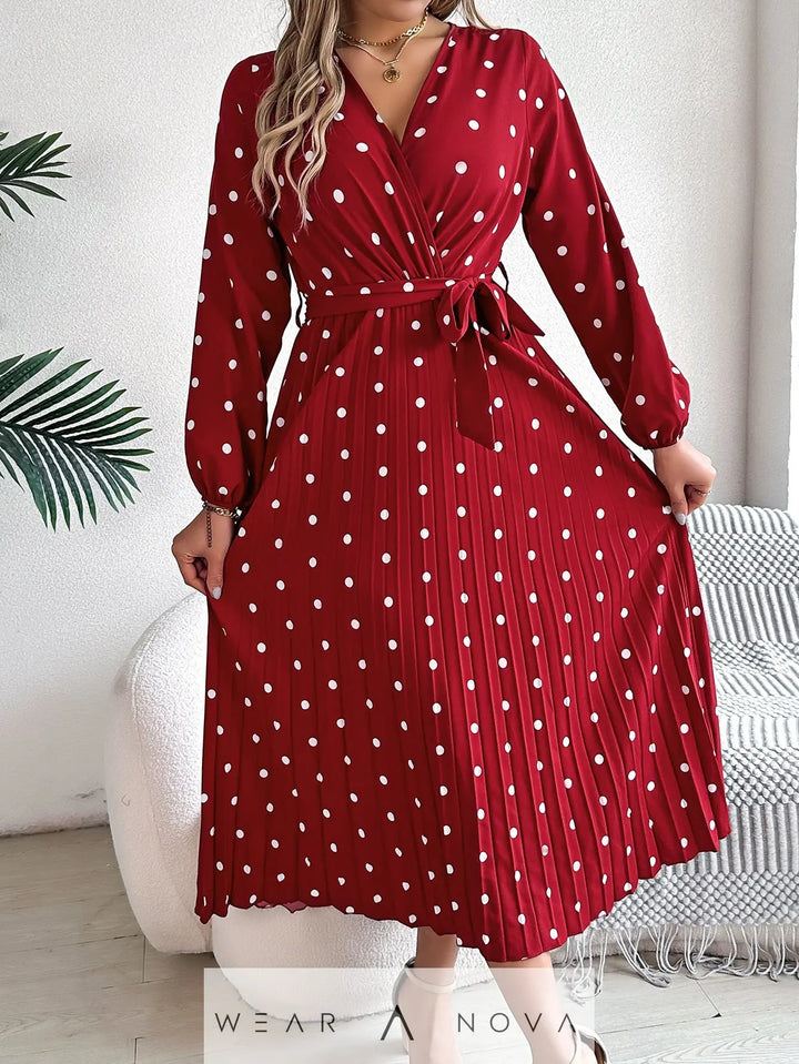 Spring Summer Elegant Long Dress Cross V-Neck Contrast Polka Dot Long Sleeve Pleated Bridesmaid Dresses  Dress 