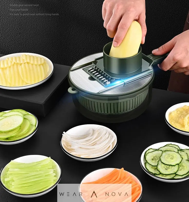 Household vegetable slicer PP body with 5 stainless steel blades gauntlet and paring knife grey green