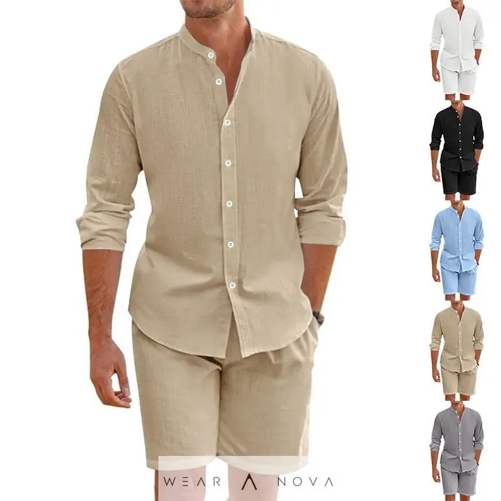 Summer Short Shirt Suit Fashion Lapel Button Down Short Sleeve Top And Drawstring Shorts Beach Clothing For Men  Set man summer 