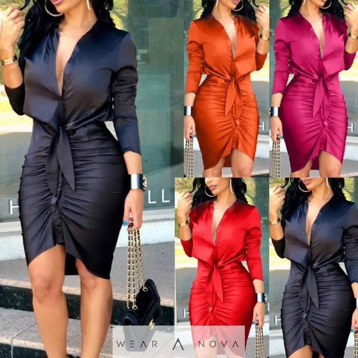 Women Lace-up Solid Color Long Sleeve Midi Dress Shirt Dress Elegant Fashion Party Dress  dress elegant 