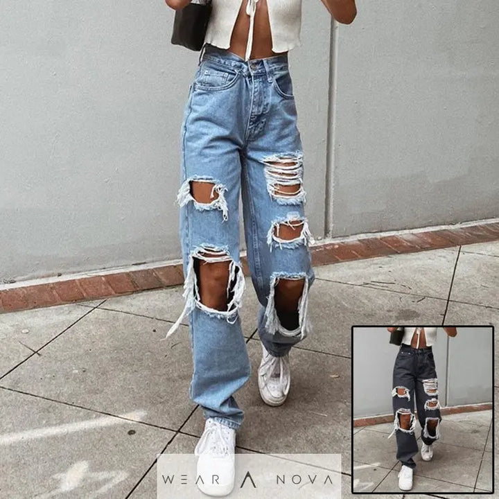 Women's American Retro Hole-punched Jeans Women High Waist Straight-crotch Loose Slim Design High-street Vibe Wide-legged Dragging Pants - WearaNova