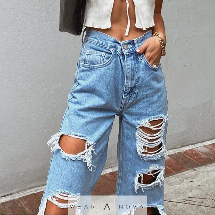 Women's American Retro Hole-punched Jeans Women High Waist Straight-crotch Loose Slim Design High-street Vibe Wide-legged Dragging Pants - WearaNova