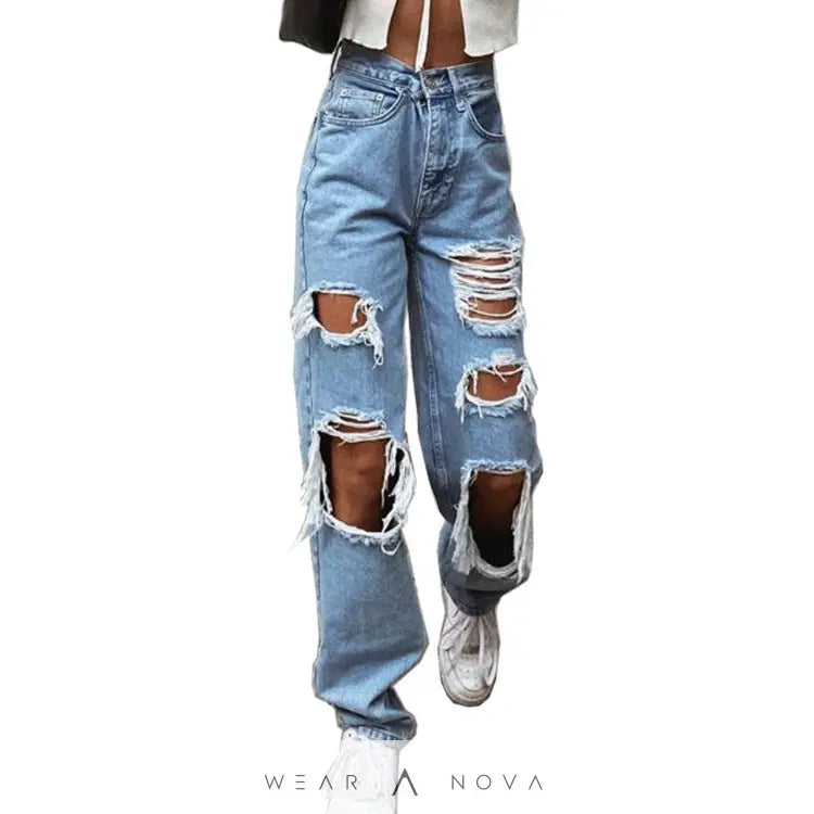 Women's American Retro Hole-punched Jeans Women High Waist Straight-crotch Loose Slim Design High-street Vibe Wide-legged Dragging Pants - WearaNova