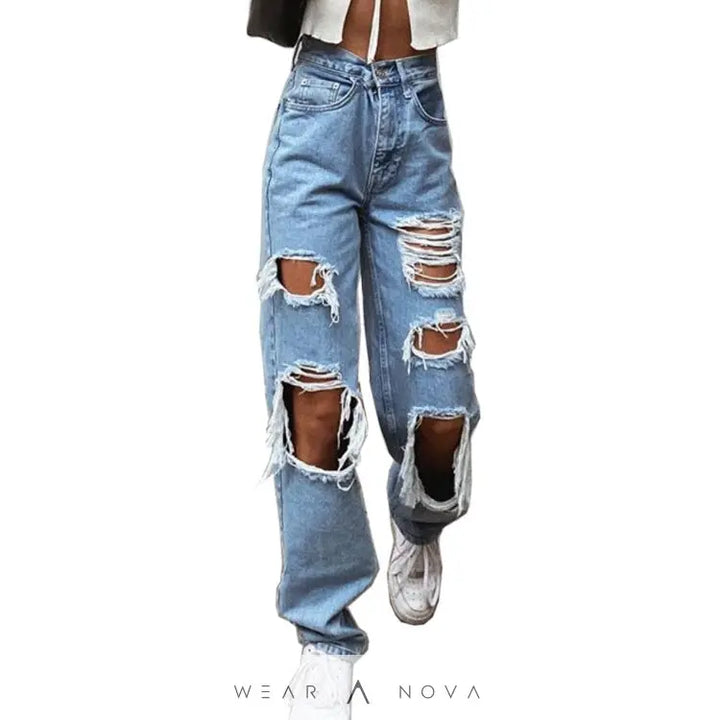 Women's American Retro Hole-punched Jeans Women High Waist Straight-crotch Loose Slim Design High-street Vibe Wide-legged Dragging Pants - WearaNova