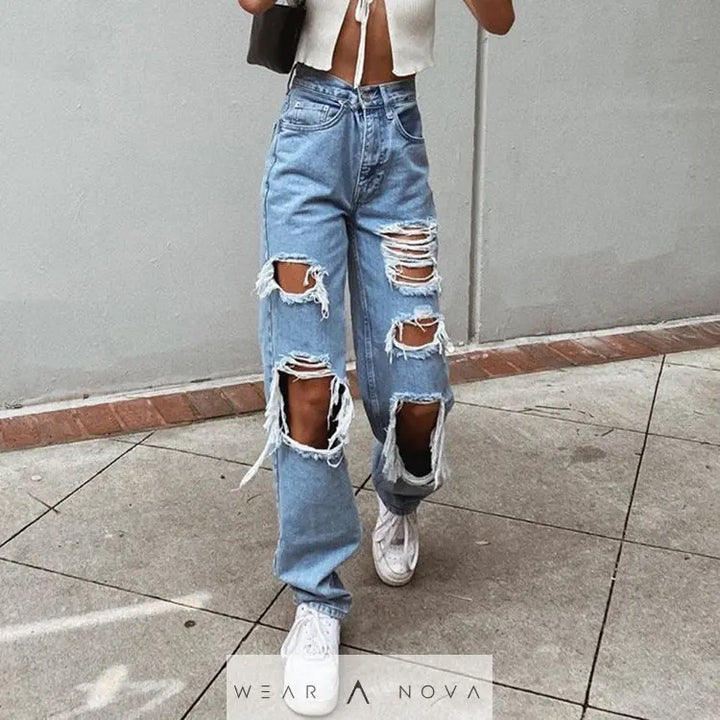 Women's American Retro Hole-punched Jeans Women High Waist Straight-crotch Loose Slim Design High-street Vibe Wide-legged Dragging Pants - WearaNova