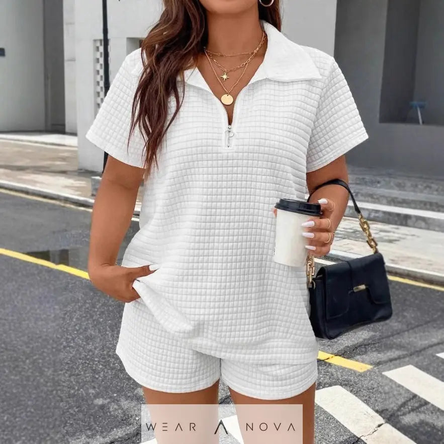 Women's jacquard two-piece set white textured woven pattern top with half sleeves and shorts with elastic waistband