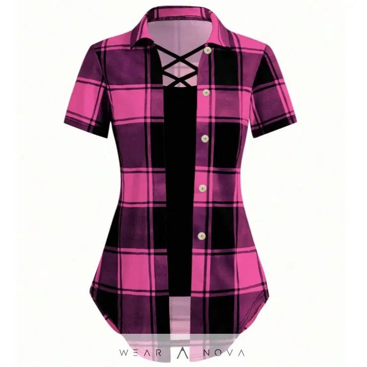 Women’s Plaid T-Shirt short sleeves splicing collar breathable cotton plaid pattern