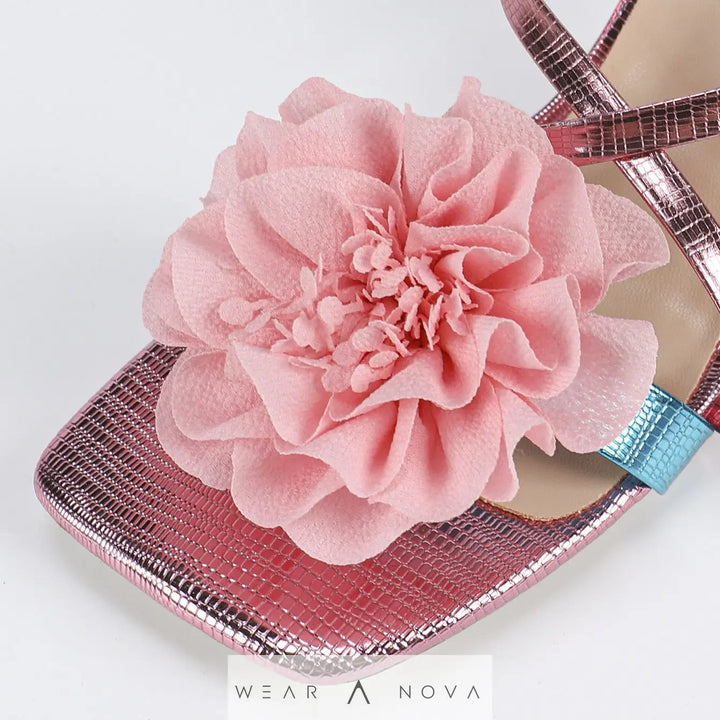Women's Square Toe Three-dimensional Flower High Heel Sandals  Shoes 