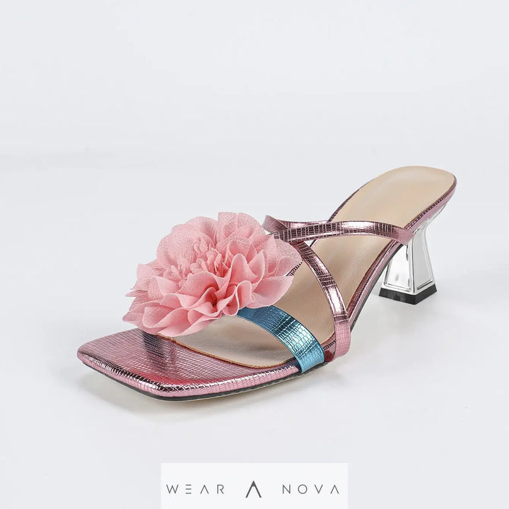 Women's Square Toe Three-dimensional Flower High Heel Sandals  Shoes 