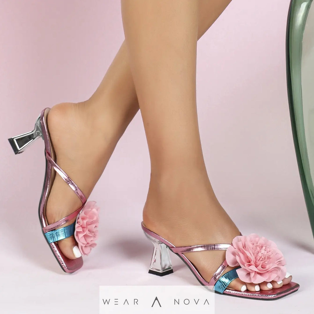 Women's Square Toe Three-dimensional Flower High Heel Sandals  Shoes 