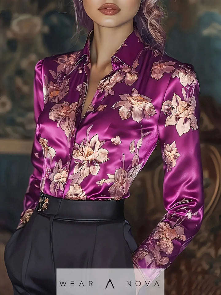 Womens Retro Printed Satin Long-Sleeve Shirt  fashion women NewEraWear