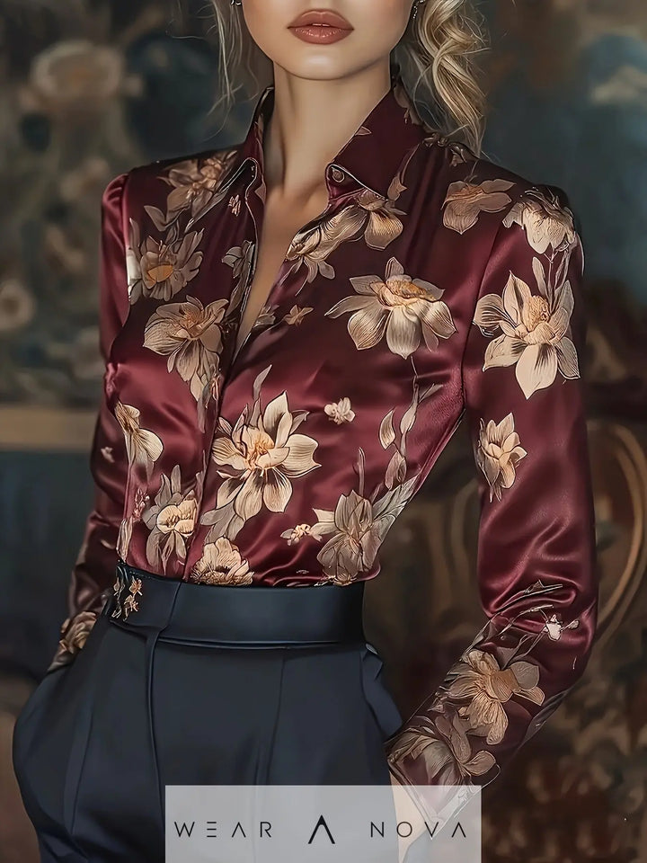 Womens Retro Printed Satin Long-Sleeve Shirt  fashion women NewEraWear