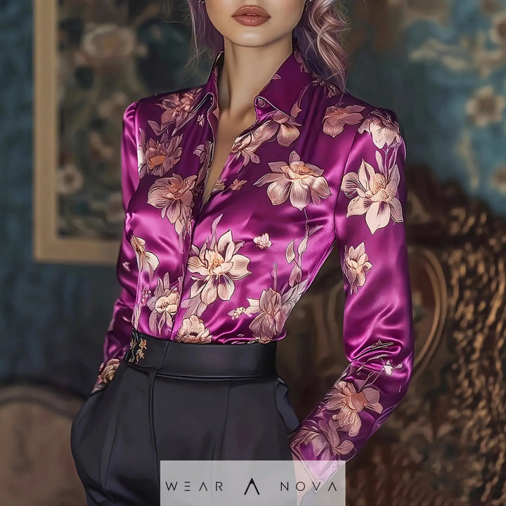 Womens Retro Printed Satin Long-Sleeve Shirt  fashion women NewEraWear