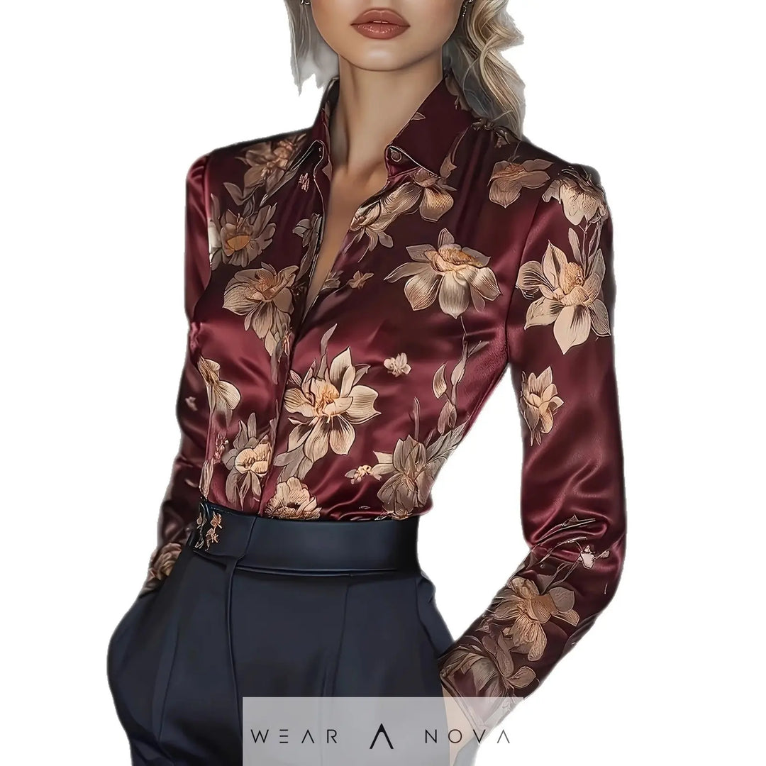 Womens Retro Printed Satin Long-Sleeve Shirt  fashion women NewEraWear