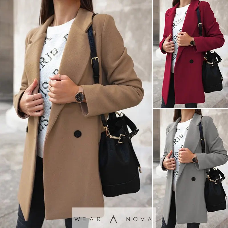 Women's woolen coat long double-breasted black with lapel collar button front and acetate lining